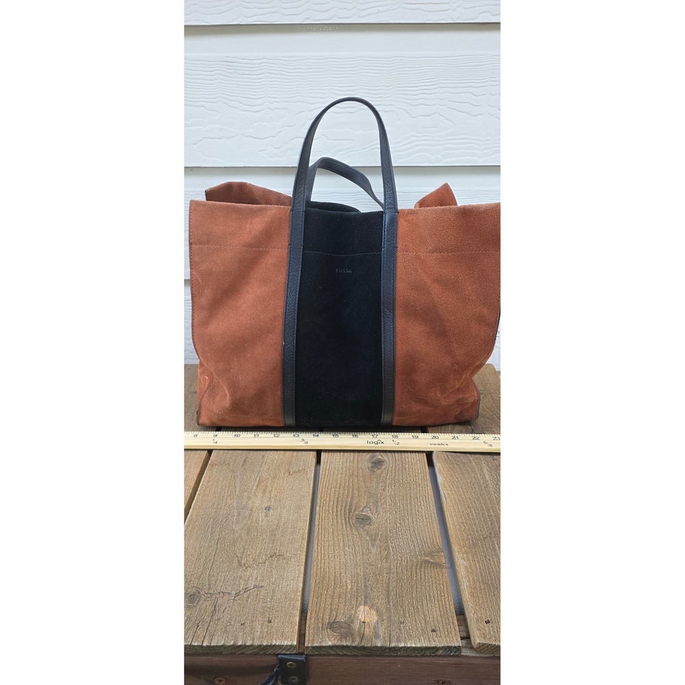 Fossil Women Brown Black Suede Colorblock Tote Bag Leather Trim Large Shopper